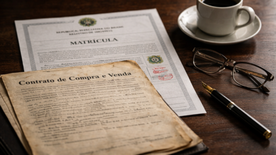 Imóvel irregular: matrícula e contrato de compra e venda sobre mesa de escritório