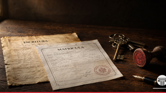 Diferença entre escritura e registro: documentos de escritura e matrícula de imóvel sobre mesa de madeira, com chaves e carimbo de cartório